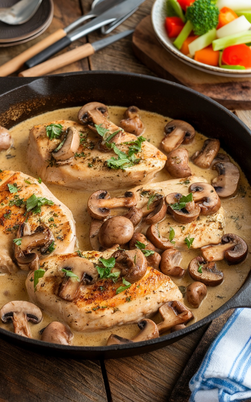 Creamy Garlic Mushroom Chicken Skillet Recipe Creamy garlic mushroom chicken in a skillet, garnished with parsley, served with vegetables.